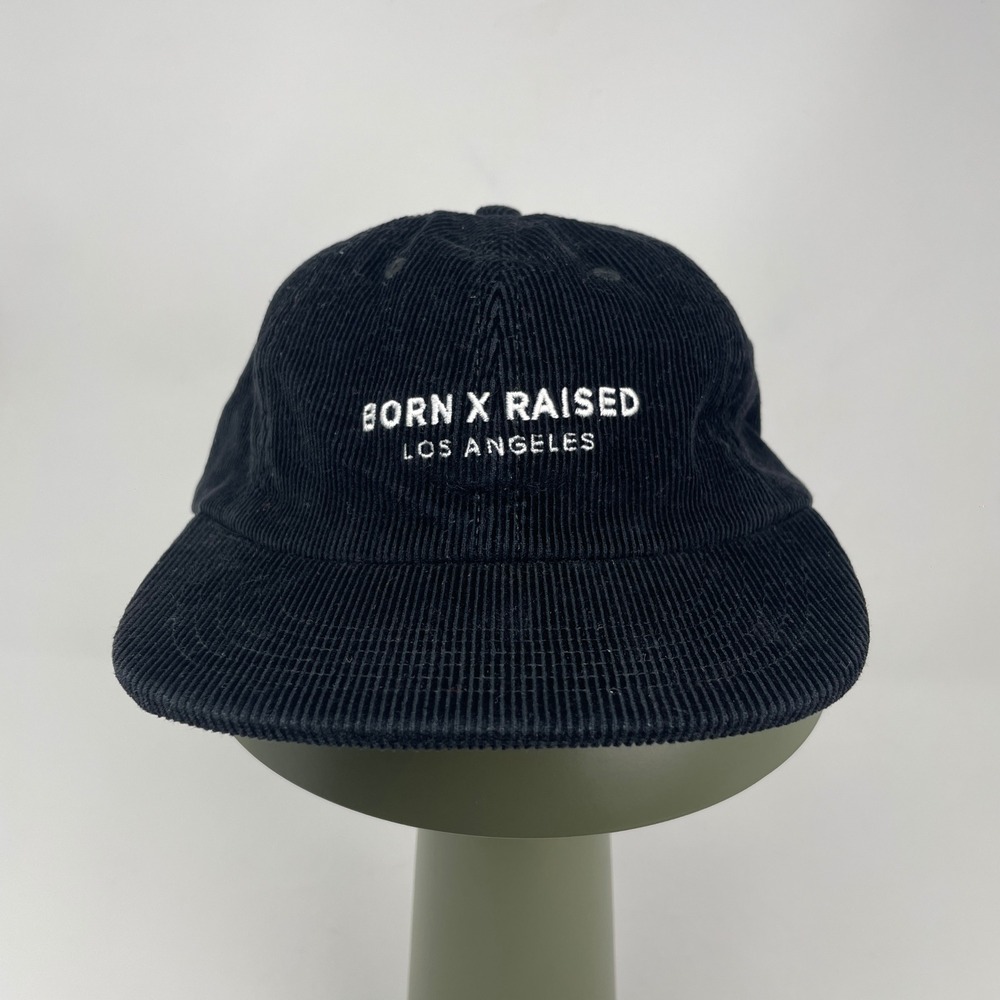 Born X Raised Los Angeles Black Corduroy Leather Strapback Hat Made in USA Cap